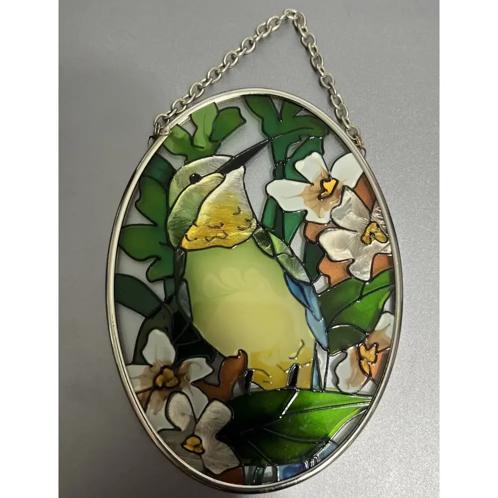 Stain Glass Sun Catcher Hand Painted Hummingbird Bird Floral Oval 4.5”
